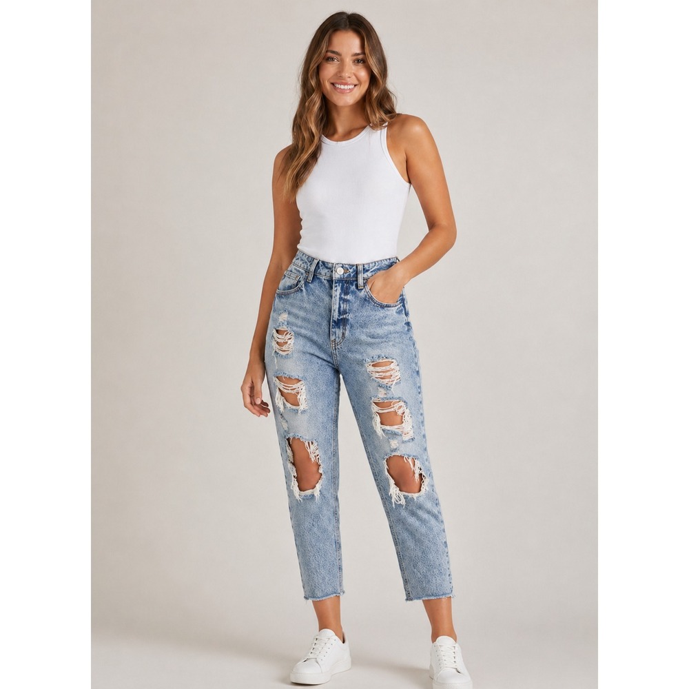 Kancan Collie High Rise Mom Jeans Womens 9/28 Blue Light Wash Distressed Cotton